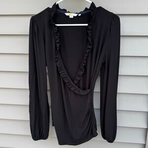 Boden size 8 Black Faux Wrap Ruffle Neckline Long Sleeve Blouse